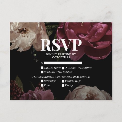 Dark Blush Burgundy Meal Choices Wedding RSVP Invitation Postcard