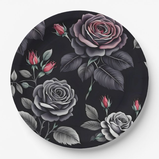 Dark Blush Roses Floral Art design Paper Plates (Front)