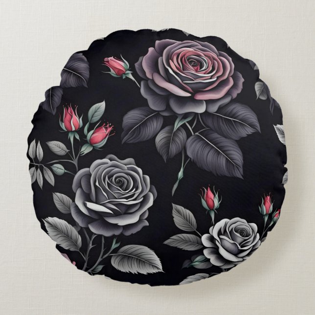 Dark Blush Roses Floral Art design Round Pillow (Front)