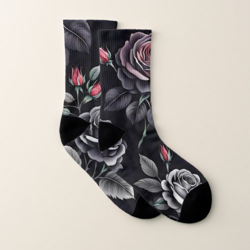 Dark Blush Roses Floral Art design Socks