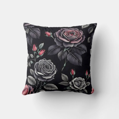 Dark Blush Roses Floral Art design Throw Pillow