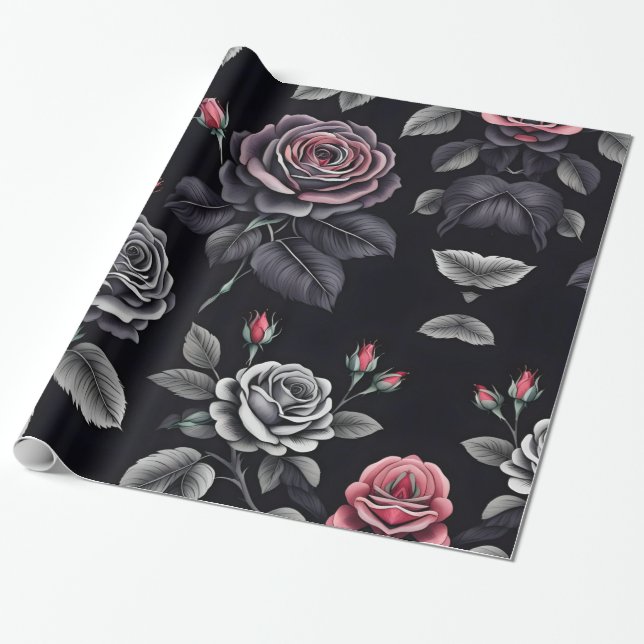 Dark Blush Roses Floral Art design Wrapping Paper (Unrolled)