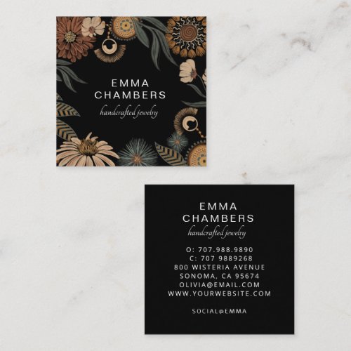 Dark Boho Botanical Floral Jewelry Designer Square Business Card