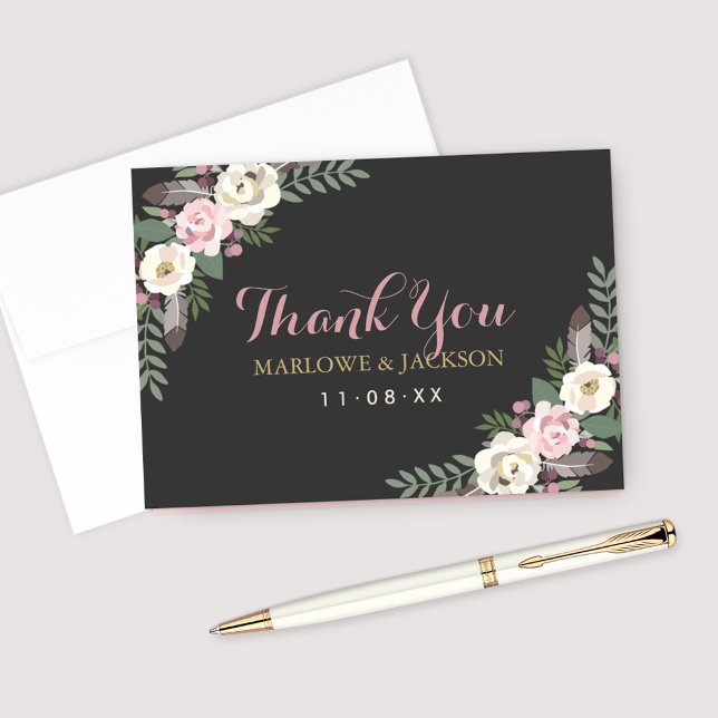 Dark Boho Floral Monogram Wedding Thank You Card (Creator Uploaded)
