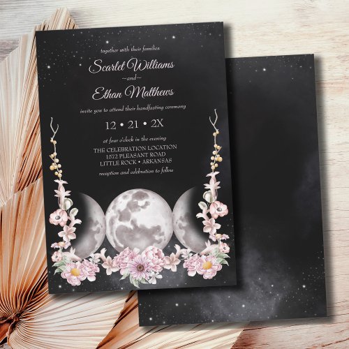 Dark Boho Floral Triple Moon Phase Handfasting Invitation