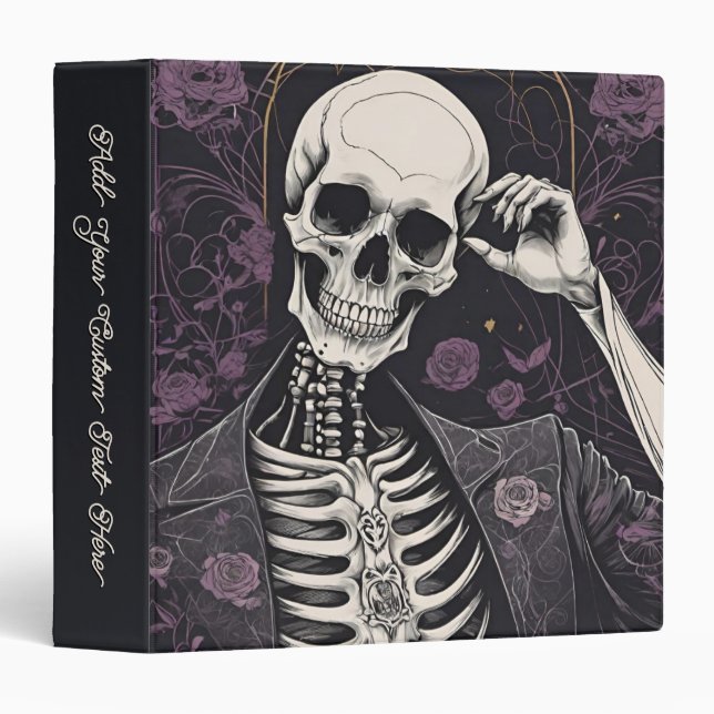 Dark Boho Gothic Skeleton & Roses Halloween 3 Ring Binder (Front/Spine)