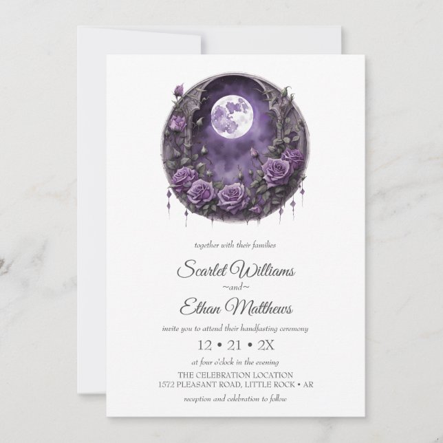 Dark Boho Moon Door Garden Purple Rose Handfasting Invitation (Front)