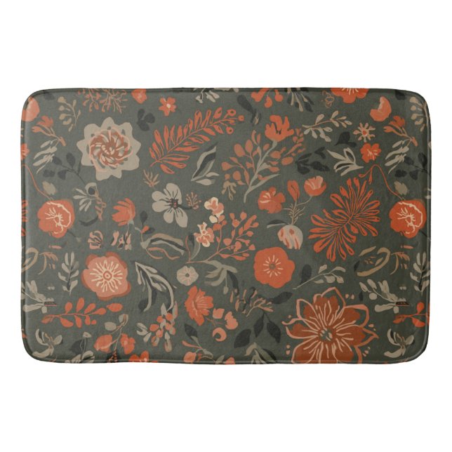 Dark Boho Terracotta Sage Botanical Pattern  Bath Mat (Front)