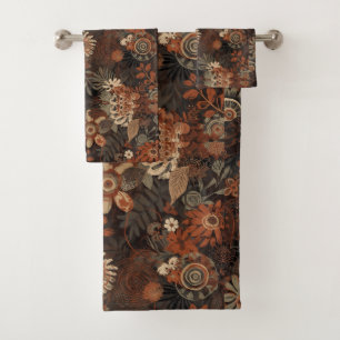 Dark Boho Terracotta Sage Botanical Pattern Bath Towel Set