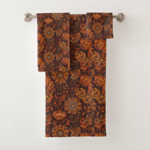 Dark Boho Terracotta Sage Botanical Pattern  Bath Towel Set