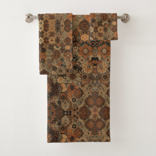 Dark Boho Terracotta Sage Botanical Pattern  Bath Towel Set