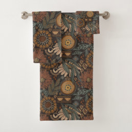 Dark Boho Terracotta Sage Botanical Pattern Bath Towel Set