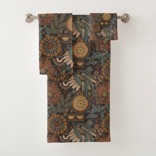 Dark Boho Terracotta Sage Botanical Pattern Bath Towel Set