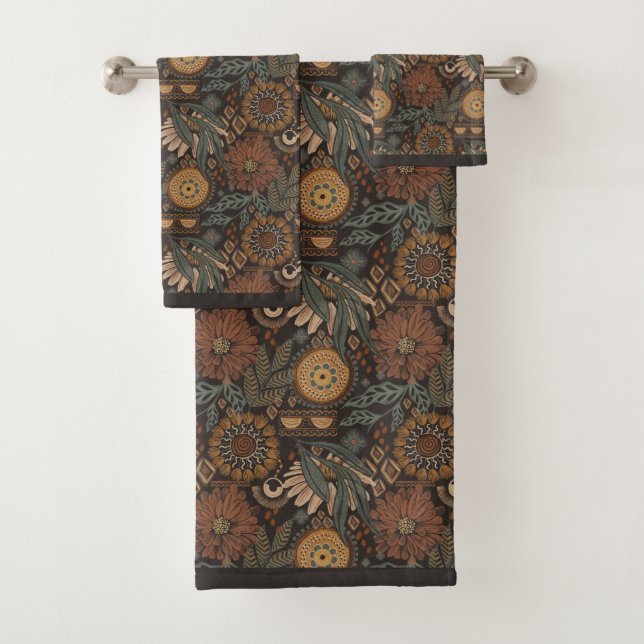 Dark Boho Terracotta Sage Botanical Pattern Bath Towel Set (Insitu)