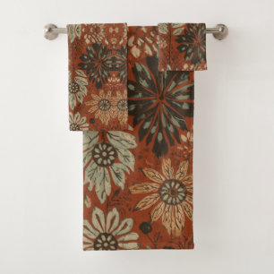 Dark Boho Terracotta Sage Botanical Pattern Bath Towel Set