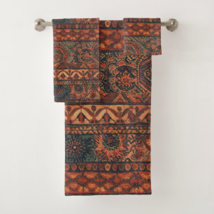 Dark Boho Terracotta Sage Botanical Pattern Bath Towel Set