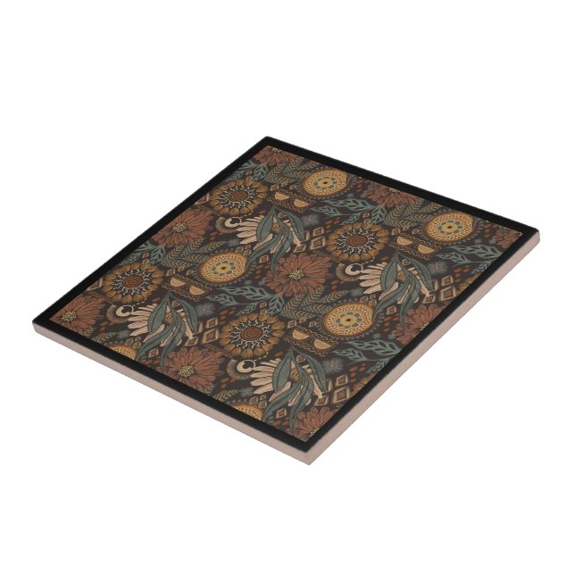 Dark Boho Terracotta Sage Botanical Pattern Ceramic Tile (Side)