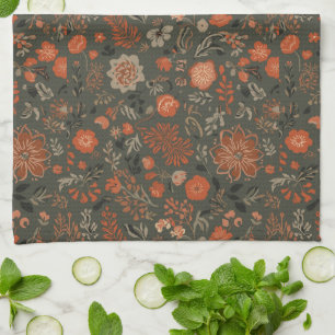 Dark Boho Terracotta Sage Botanical Pattern Kitchen Towel