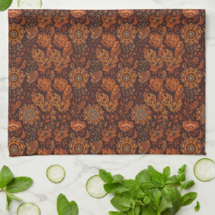 Dark Boho Terracotta Sage Botanical Pattern Kitchen Towel