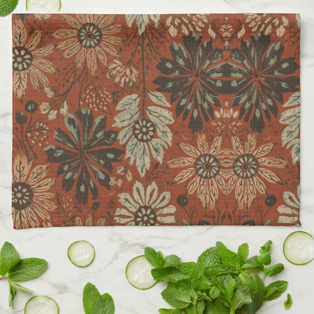 Dark Boho Terracotta Sage Botanical Pattern  Kitchen Towel (Folded)