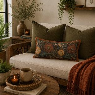 Dark Boho Terracotta Sage Botanical Pattern Lumbar Pillow