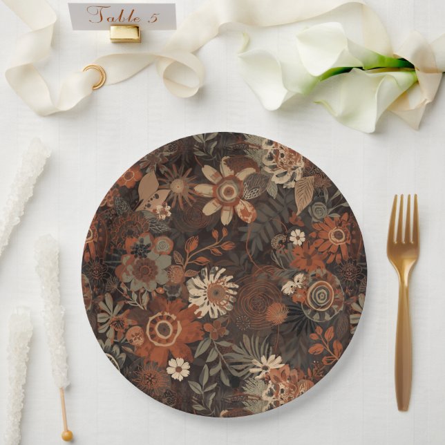 Dark Boho Terracotta Sage Botanical Pattern  Paper Plates (Wedding)