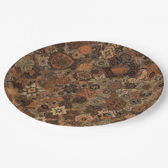 Dark Boho Terracotta Sage Botanical Pattern  Paper Plates (Angled)