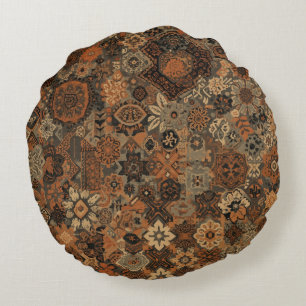 Dark Boho Terracotta Sage Botanical Pattern Round Pillow