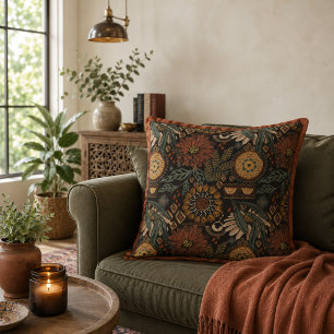 Dark Boho Terracotta Sage Botanical Pattern Throw Pillow