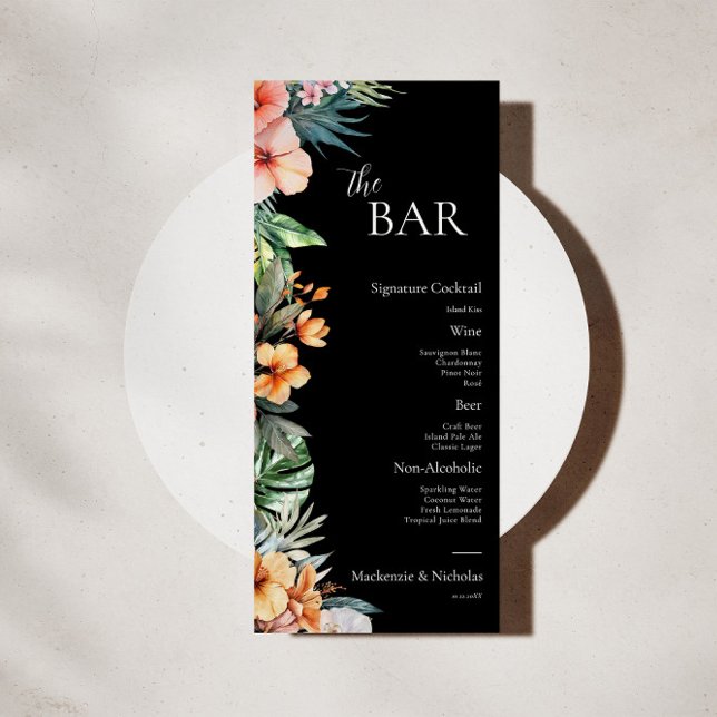Dark Boho Tropical Floral Wedding Bar Menu (tropical wedding bar menu)