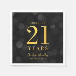 Dark Bokeh Faux Gold Cheers to 21 Years Birthday Napkins