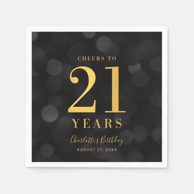 Dark Bokeh Faux Gold Cheers to 21 Years Birthday Napkins (Front)