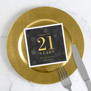 Dark Bokeh Faux Gold Cheers to 21 Years Birthday Napkins