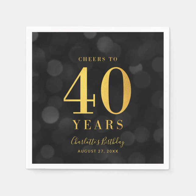 Dark Bokeh Faux Gold Cheers to 40 Years Birthday Napkins (Front)