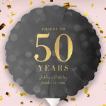 Dark Bokeh Faux Gold Cheers to 50 Years Birthday Balloon<br><div class="desc">Elegant balloon featuring the words "Cheers to 50 Years" in faux gold foil against a dark gray bokeh lights pattern background. Personalize this with your details by replacing the placeholder text. For more options such as to change the font, text size/color or the spacing between letters click the "Customize" button....</div>