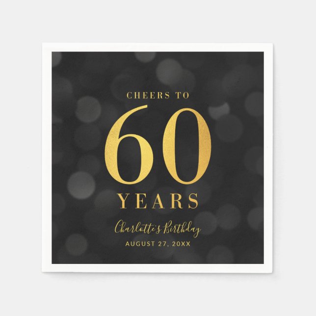 Dark Bokeh Faux Gold Cheers to 60 Years Birthday Napkins (Front)