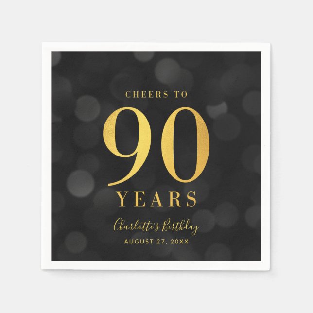 Dark Bokeh Faux Gold Cheers to 90 Years Birthday Napkins (Front)