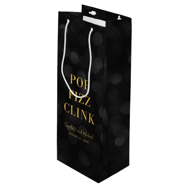 Dark Bokeh Faux Gold Pop Fizz Clink Wine Gift Bag (Front Angled)