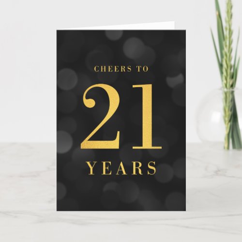 Dark Bokeh Gold Cheers to 21 Years Birthday Card