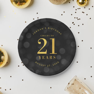 Dark Bokeh Gold Cheers to 21 Years Birthday Paper Plates