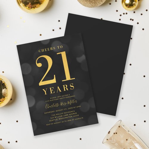Dark Bokeh Gold Cheers to 21 Years Birthday Party Invitation