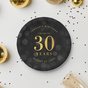 Dark Bokeh Gold Cheers to 30 Years Birthday Paper Plates