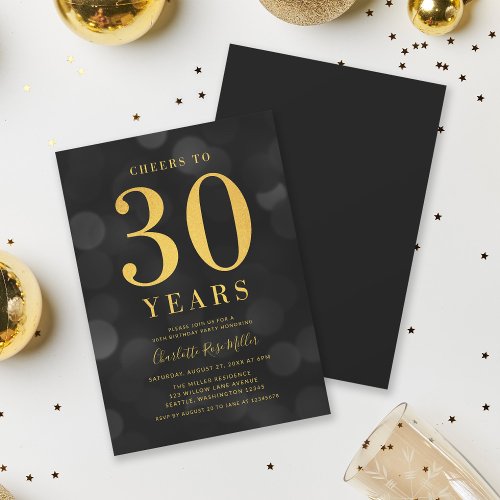 Dark Bokeh Gold Cheers to 30 Years Birthday Party Invitation