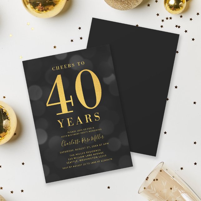 Dark Bokeh Gold Cheers to 40 Years Birthday Party Invitation (Creator Uploaded)