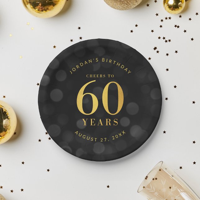 Dark Bokeh Gold Cheers to 60 Years Birthday Paper Plates (Creator Uploaded)