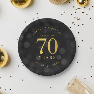 Dark Bokeh Gold Cheers to 70 Years Birthday Paper Plates