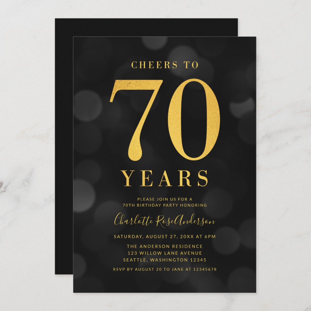 Dark Bokeh Gold Cheers to 70 Years Birthday Party Invitation | Zazzle