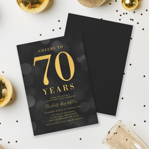 Dark Bokeh Gold Cheers to 70 Years Birthday Party Invitation