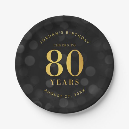 Dark Bokeh Gold Cheers to 80 Years Birthday Paper Plates