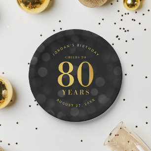 Dark Bokeh Gold Cheers to 80 Years Birthday Paper Plates